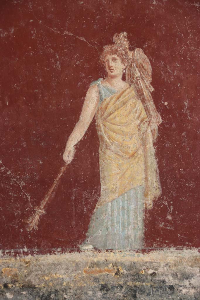 Villa San Marco, Stabiae, September 2019. Room 30, south-east corner. 
Painting of Iphigenia with a palladium on her shoulder and torch in her hand. Photo courtesy of Klaus Heese.
