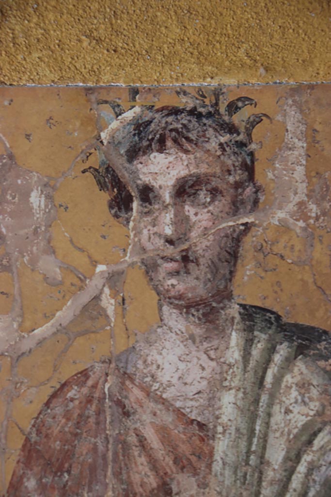 Villa San Marco, Stabiae, October 2022. 
Room 50, detail from painted figure on north wall. Photo courtesy of Klaus Heese.
