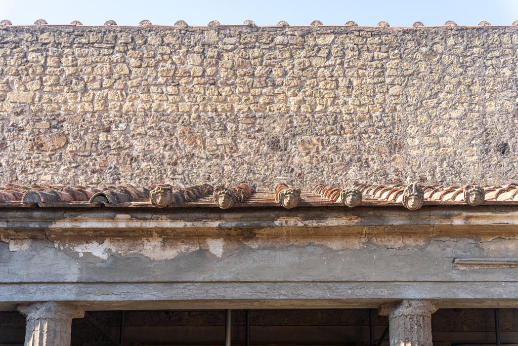 Villa of Mysteries, Pompeii. October 2023. Rain-water spouts, in situ on roof behind crypt. Photo courtesy of Johannes Eber.