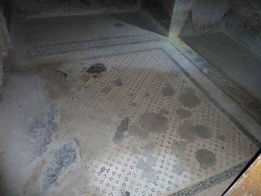 Villa of Mysteries, Pompeii. May 2010. Room 16, mosaic floor in front of two alcoves.