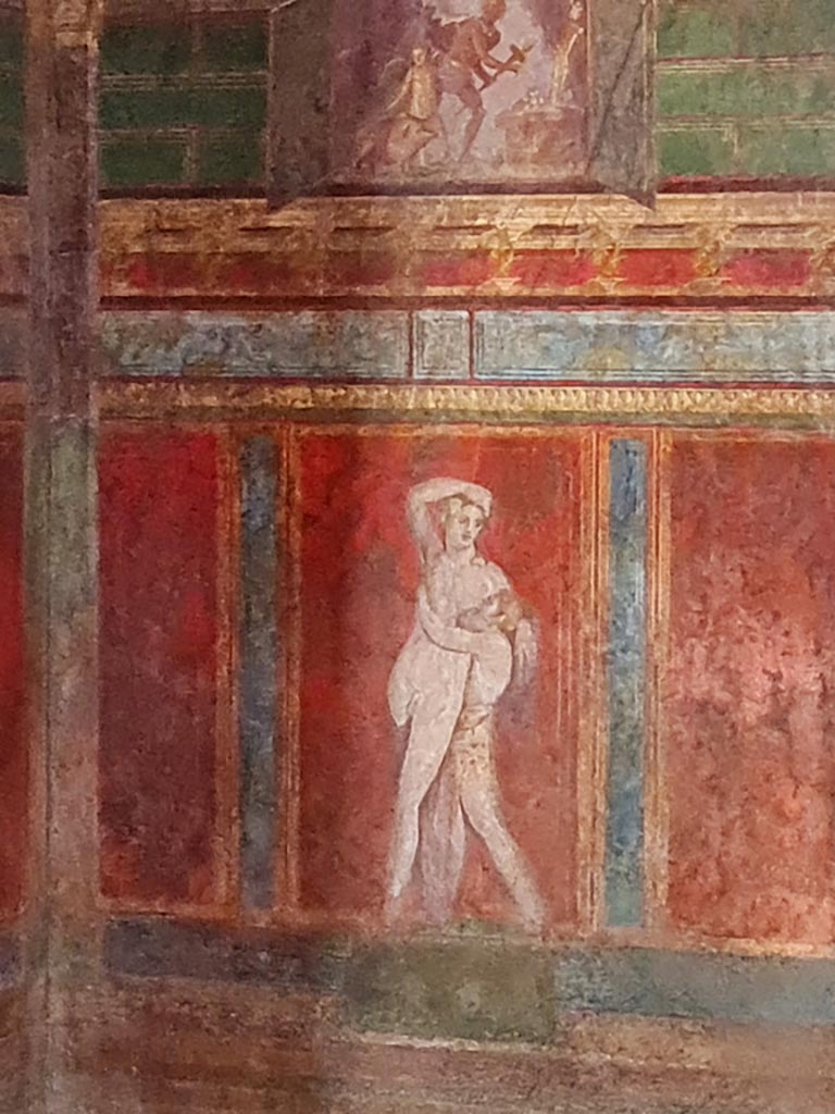 Villa of Mysteries, Pompeii. November 2023. 
Room 4, wall paintings on east wall in north-east corner. Photo courtesy of Giuseppe Ciaramella.
