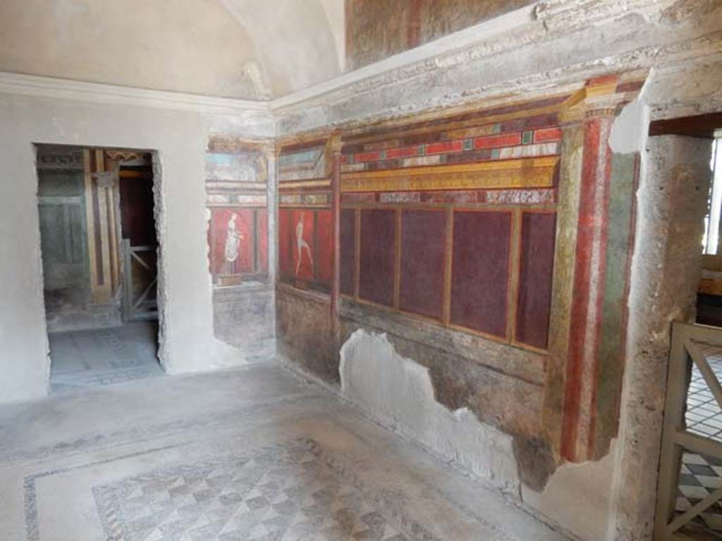 Villa of Mysteries, Pompeii. May 2015. Room 4, looking towards south-east corner, with doorway to room 5 in east wall, on right. Photo courtesy of Buzz Ferebee.
