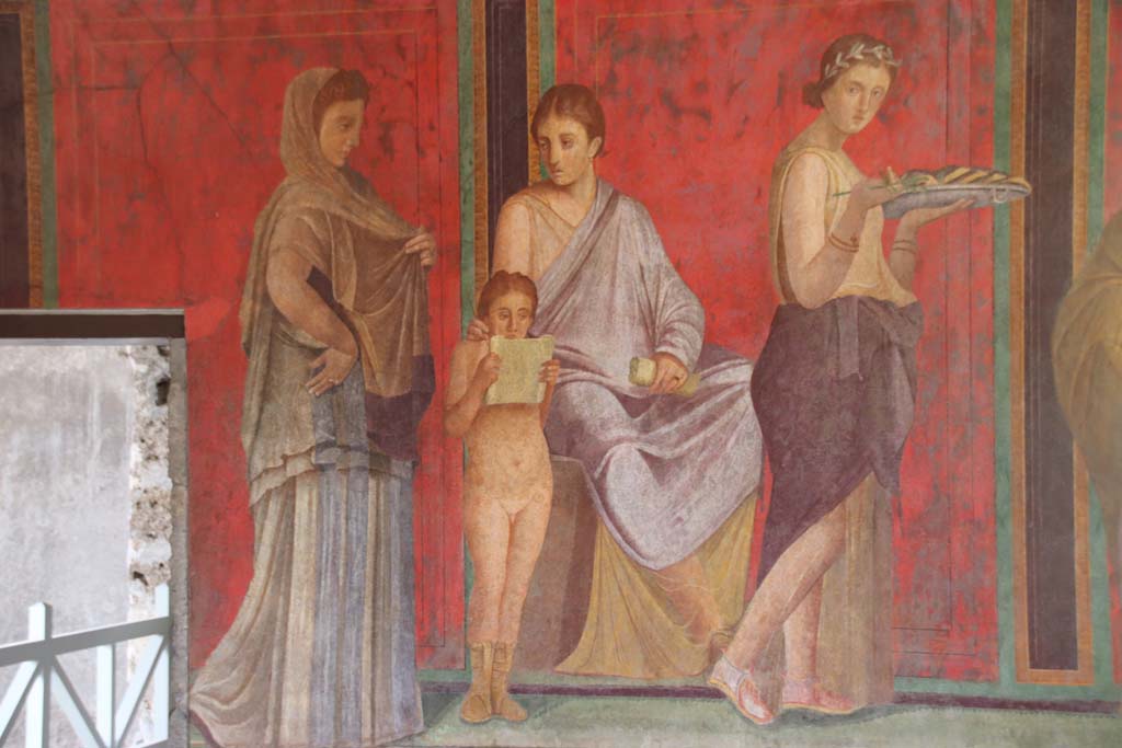 Villa of Mysteries, Pompeii. September 2021. Room 5, detail from north wall. Photo courtesy of Klaus Heese.