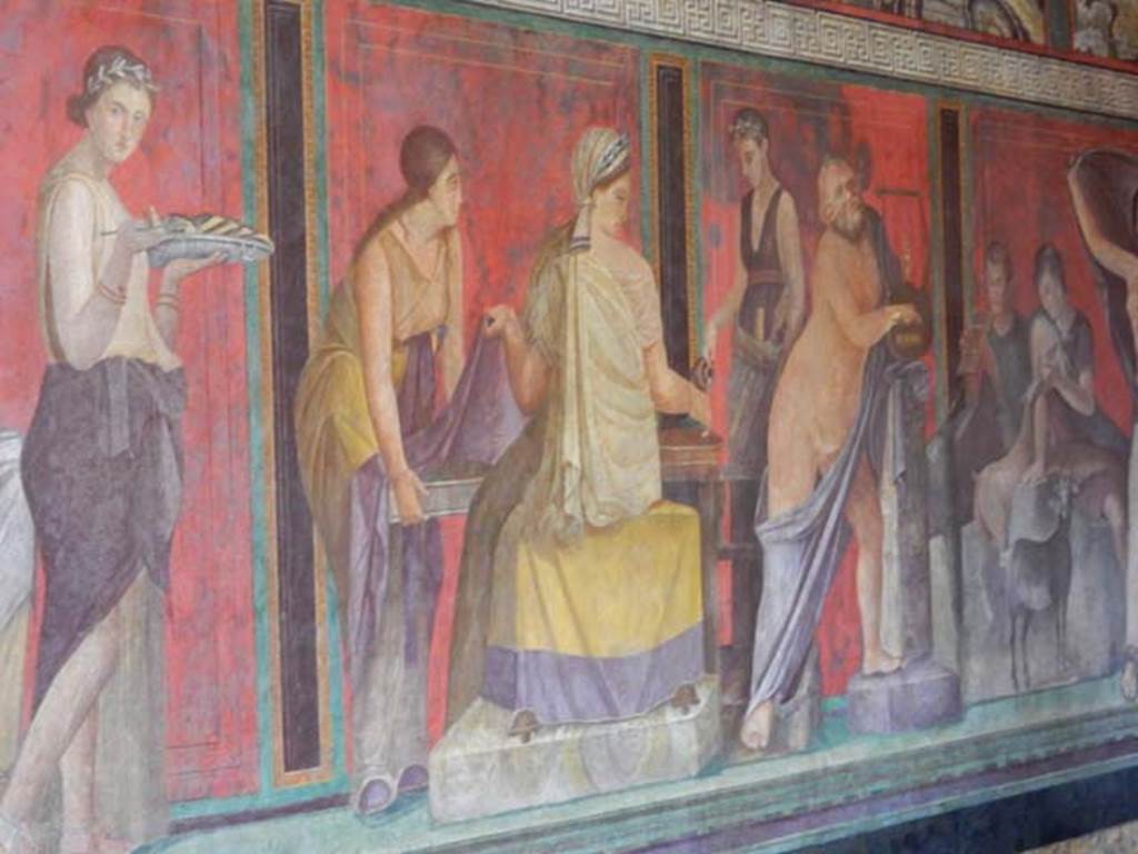 Villa of Mysteries, Pompeii. May 2015. Room 5, detail from north wall. Photo courtesy of Buzz Ferebee.
