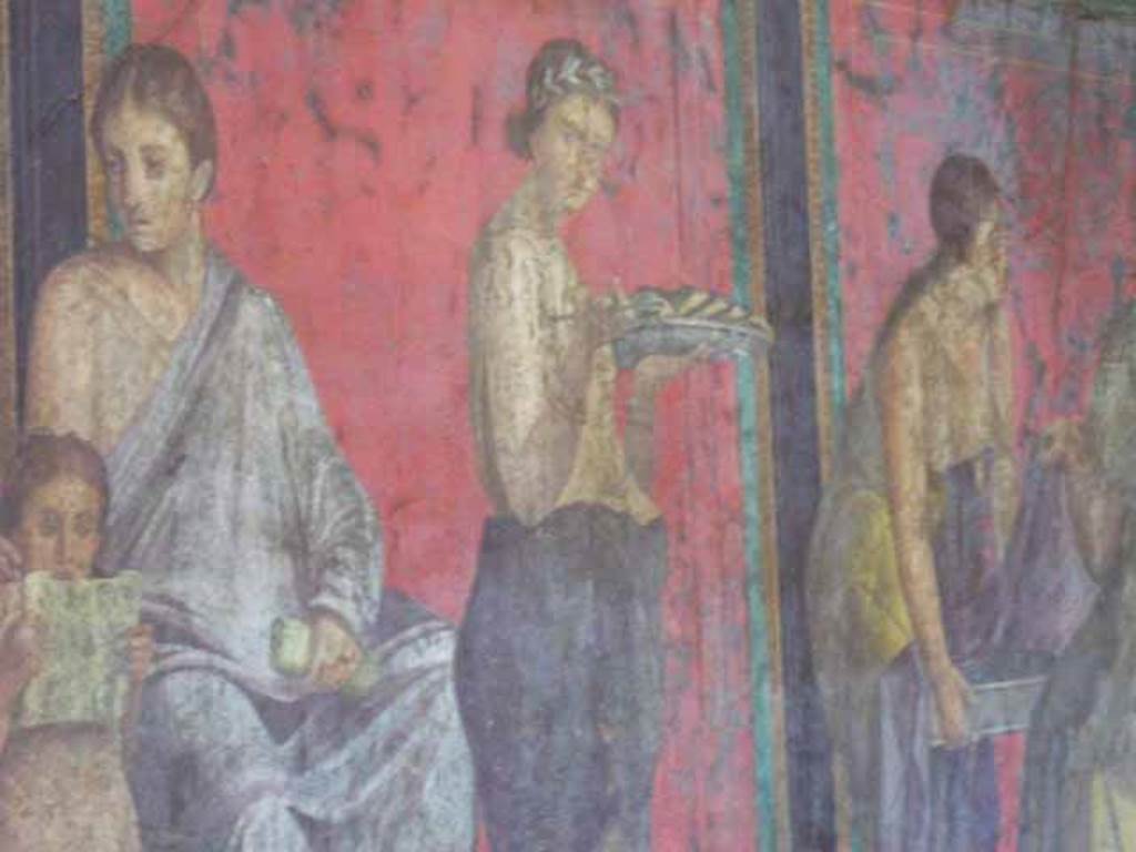 Villa of Mysteries, Pompeii. May 2010. Room 5, detail from north wall.