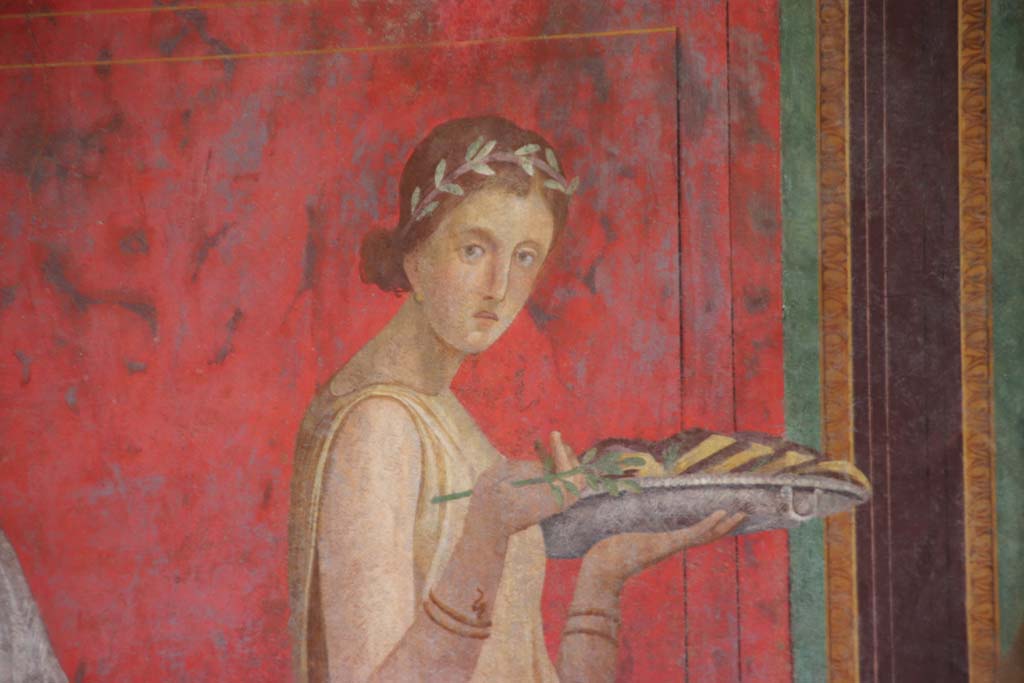 Villa of Mysteries, Pompeii. September 2021. Room 5, detail from north wall. Photo courtesy of Klaus Heese.