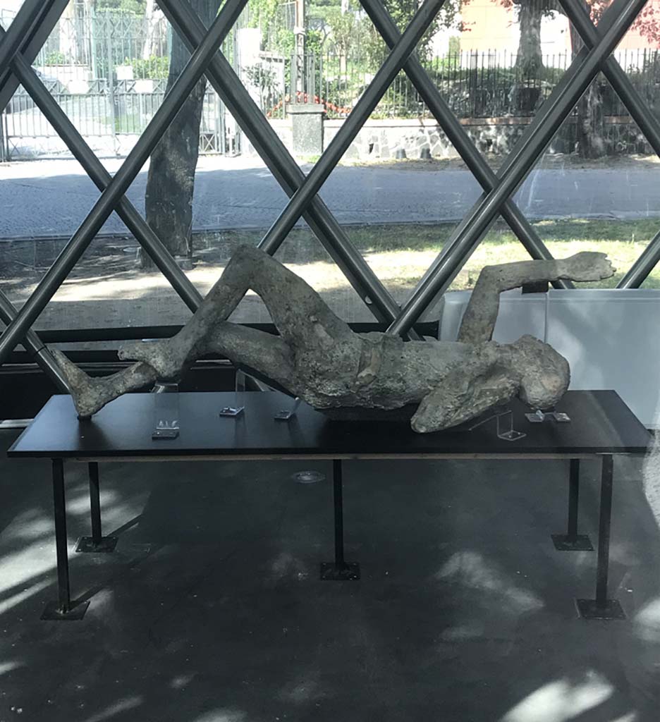 Piazza Anfiteatro. Pompeii. April 2019. Mystery plaster-cast in exhibition centre. Photo courtesy of Rick Bauer.