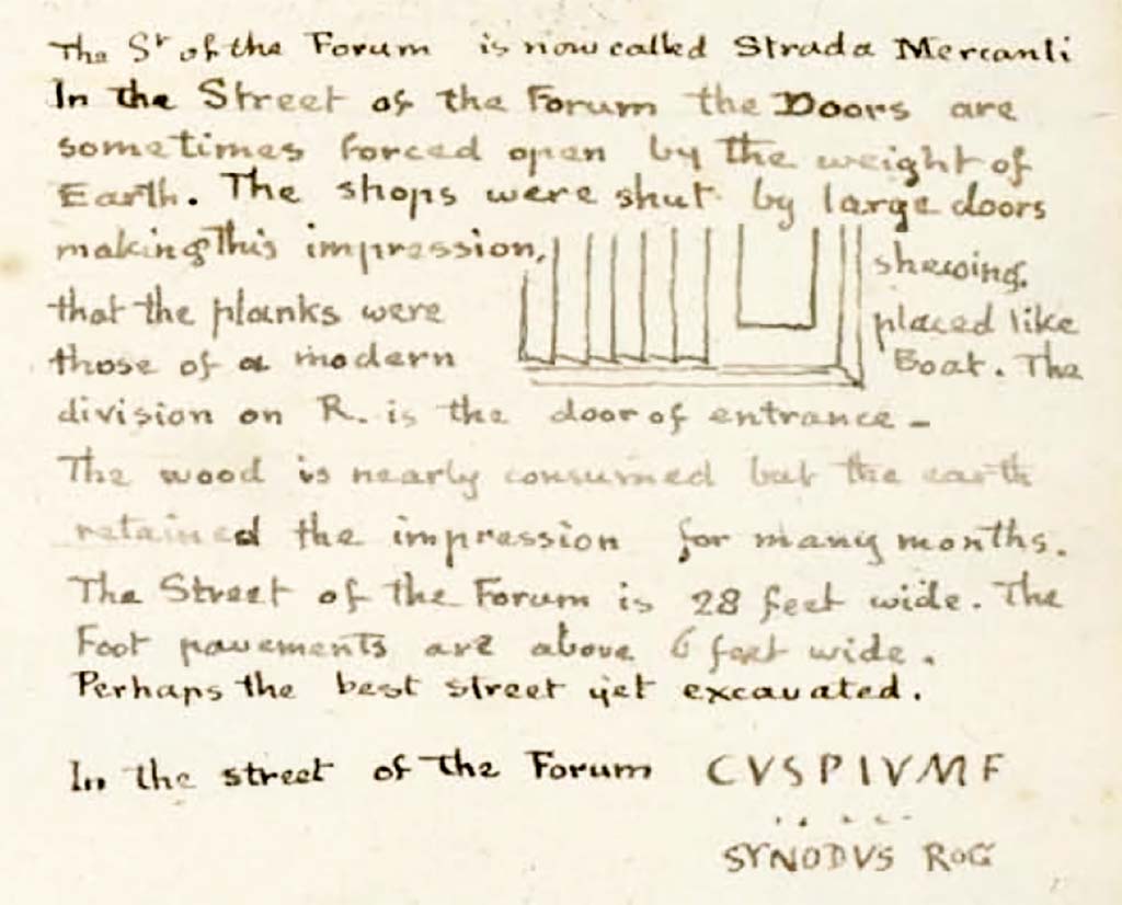 Via dell’Abbondanza, between 1819 and 1832. Description by Gell of shop entrances.
See Gell, W. Pompeii unpublished [Dessins de l'édition de 1832 donnant le résultat des fouilles post 1819 (?)] vol II, pl. 9.
Bibliothèque de l'Institut National d'Histoire de l'Art, collections Jacques Doucet, Identifiant numérique Num MS180 (2).
See book in INHA Use Etalab Licence Ouverte
According to Gell –
“The doors of several shops were found in this street (Via dell’Abbondanza/Via dei Mercanti) to have left perfect impressions on the hard volcanic deposition, by which it is evident that the planks were united by laying the edge of one over the next in succession, as they appear in a modern boat.”
See Gell, W, 1832. Pompeiana: Vol 1. London: Jennings and Chaplin, p. 6.
