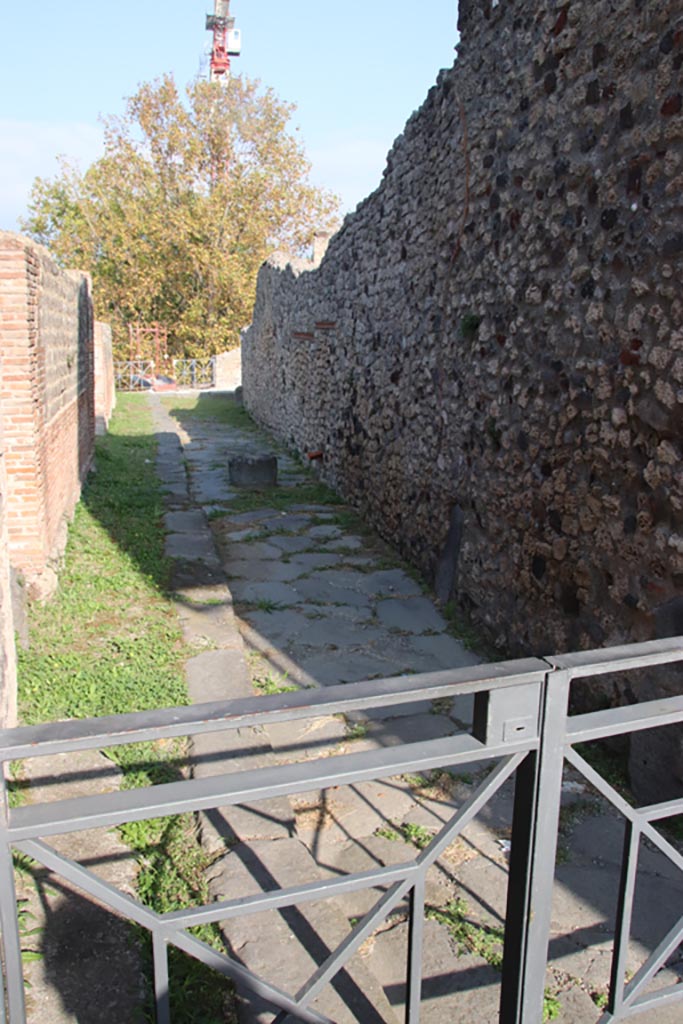 Vicolo del Gigante between VII.16 and VII.15. October 2023.
Looking north towards junction with Vicolo dei Soprastanti. Photo courtesy of Klaus Heese.
