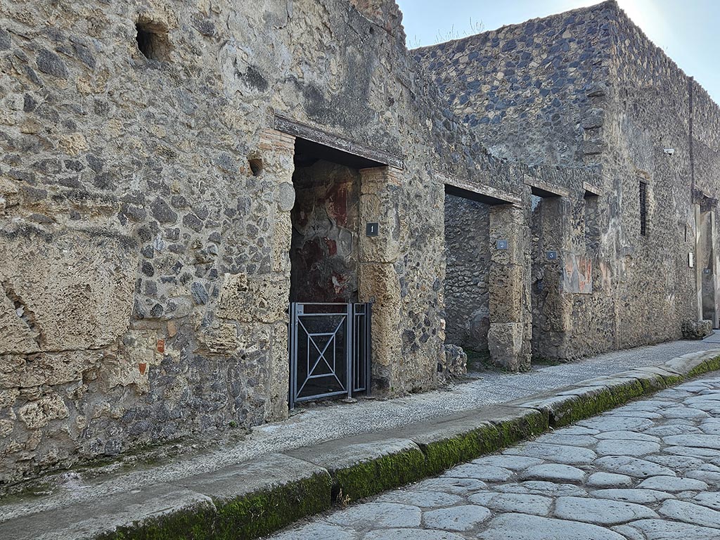 Vicolo del Menandro, south side. November 2024. 
Looking west along I.10, with doorways to I.10.1, I.10.2 and I.10.3. Photo courtesy of Annette Haug.
