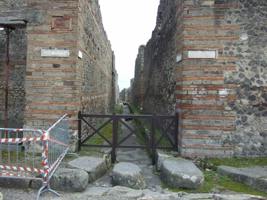 Vicolo di Tesmo between IX.5 and IX.4.  Looking south from Via di Nola. March 2009.