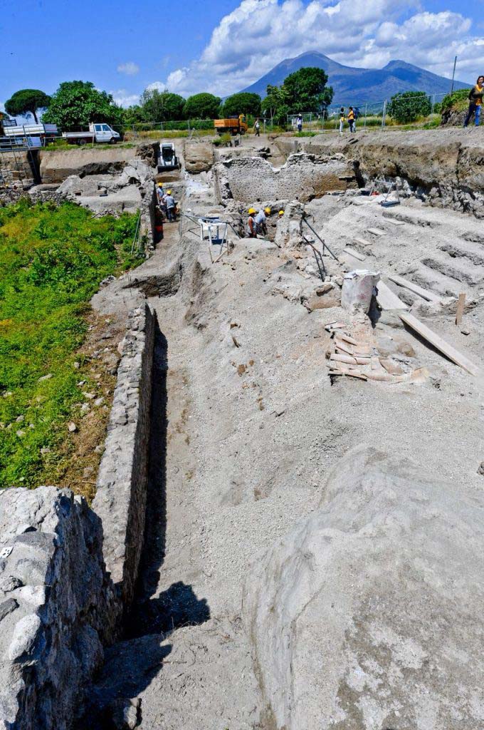 Vicolo dei Balconi, under excavation, June 2018. 
On the right is V.3 where an intact collapsed roof can be seen.

Vicolo dei Balconi, in fase di scavo, giugno 2018.
Sulla destra si trova V.3 dove si può vedere un tetto crollato intatto.

Photograph © Parco Archeologico di Pompei.
