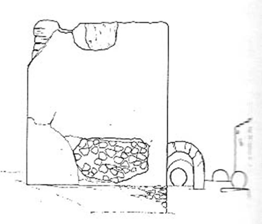 FPNB Pompeii. Drawing looking north at the small tomb FPNB (to the right at side of FPNA). Three columelle were found. The one inside the tomb was of a female. To the east of the tomb, between it and FPNC was a male columella. The third, a female columella, was south of the second next to the wall of FPNC. None of the columelle had an inscription. See D’Ambrosio A. and De Caro S., 1988. Römische Gräberstraßen. München: C.H.Beck. p. 204-5, abb. 59.