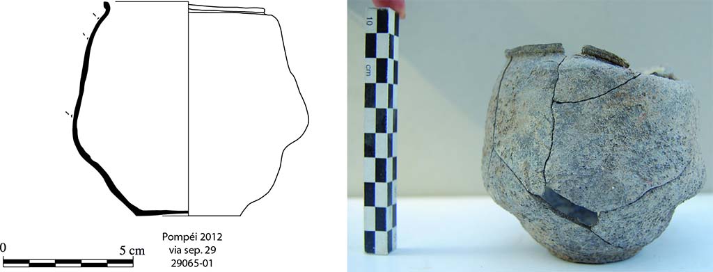 Fig. 4 - Pompi. Dessin et photo dun gobelet  paroi fine dform par la cuisson.
A. Lacombe. 
