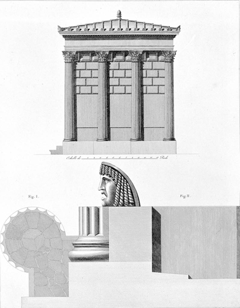 HGW04 Pompeii.  1809-11. Schola Tomb of Mamia. Reconstruction by Mazois. According to Mazois there were several terracotta masks, similar to the one drawn, “but all have been broken by the curious ones”. See Mazois, F., 1812. Les Ruines de Pompei: Premiere Partie. Paris: Didot Freres.  (p.28, Pl. IX).
