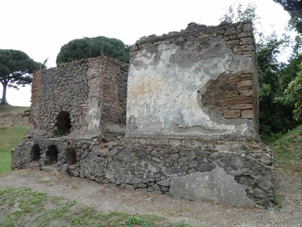 Pompeii Porta Nocera. May 2010. Tombs 36EN and 38EN, looking north from Via delle Tombe. 