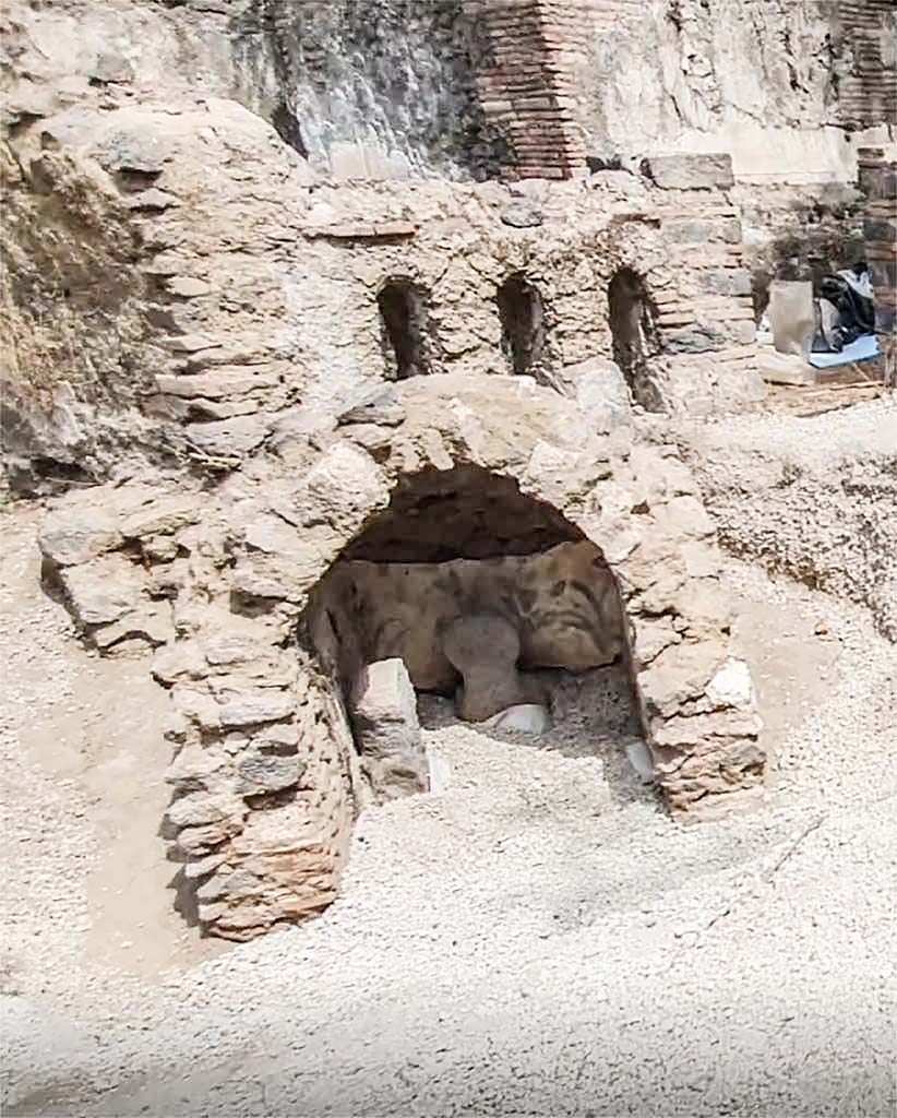 Porta Sarno la tomba di Marcus Venerius Secundio. August 2021. Arched tomb with two cippi. 
There appear to be painted plants on the plaster walls inside the tomb.

Tomba a volta con due cippi.
Sembra che ci siano piante dipinte sulle pareti intonacate all'interno della tomba.

Photograph © Parco Archeologico di Pompei.
