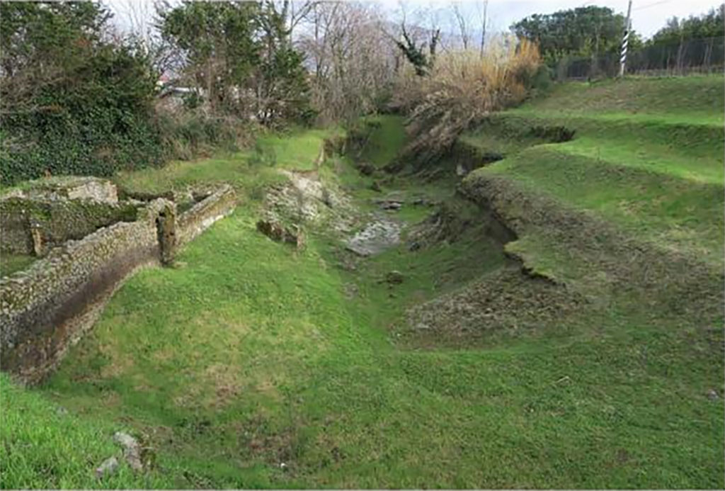 Pompeii Porta Sarno Necropolis. 2018. Tomb enclosures B and A with area J to immediate right with area H at its end. 
In the hollow to the right of this are the Samnite necropolis area C, paved area F an auxiliary road in N-S direction., area K and paved area E, the continuation of the ancient road (now known as Via dell'Abbondanza).
The tombs are located outside the gate but are now on the other side of the railway line. 
See FastiOnline Necropoli di Porta Sarno 2018 Use subject to CC BY-SA 4.0
