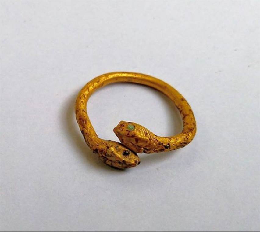 SG4 and SG5 Pompeii. 2018. Gold ring with two serpents’ heads facing, found in road by the tombs.
The paved road was in fact completely covered with a thick layer of alluvial accumulation that has yielded a large number of glass and ceramic finds such as lachrymatories and “pedine” (gaming pieces) but also a gold ring with two facing snake heads with eyes in glass paste.
See VesuvioLive.it
