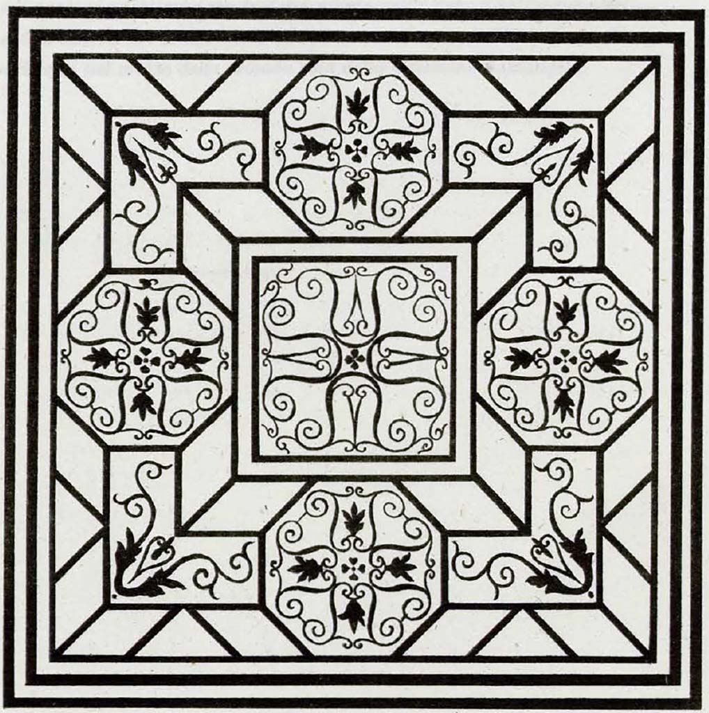 Villa at Stabiae Varano. Second mosaic, drawn by Francesco La Vega.
See Ruggiero M., 1881. Degli scavi di Stabia dal 1749 al 1782, Naples. Tav. XVIII.
