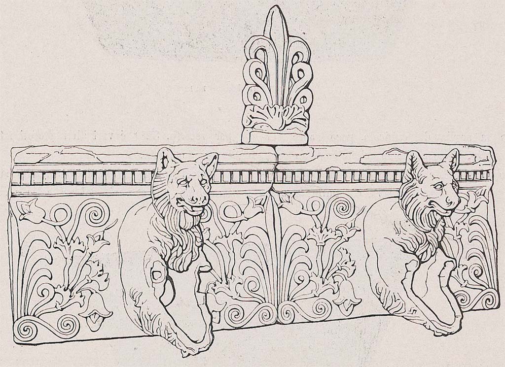 Villa della Pisanella, Boscoreale. Terracotta roof gutters (gronda) with water nozzle consisting of a wide inverted leaf, over which in high relief is the front of a lion.
See Pasqui A., La Villa Pompeiana della Pisanella presso Boscoreale, in Monumenti Antichi VII 1897, p. 423 fig. 18.
