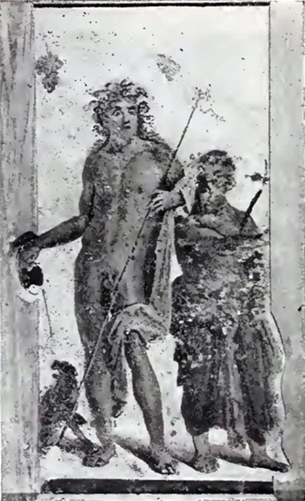 Villa rustica del fondo Ippolito Zurlo, Pompeii. 1897, Torcularium H. Painting of Bacchus and Silenus on the pillar to the right of the small entrance doorway. According to Sogliano, the torcularium was used for the grapes, as demonstrated by a painting of Bacchus and Silenus.
In front of the painting was a square masonry altar covered with plaster which leaned against the same pillar. The altar measured 0.39m high, 0.32m wide, and 0.30m deep. The painting, which was cut out by De Prisco, is here reproduced here. See Notizie degli Scavi di Antichità, 1897, p. 399-400, fig. 10.