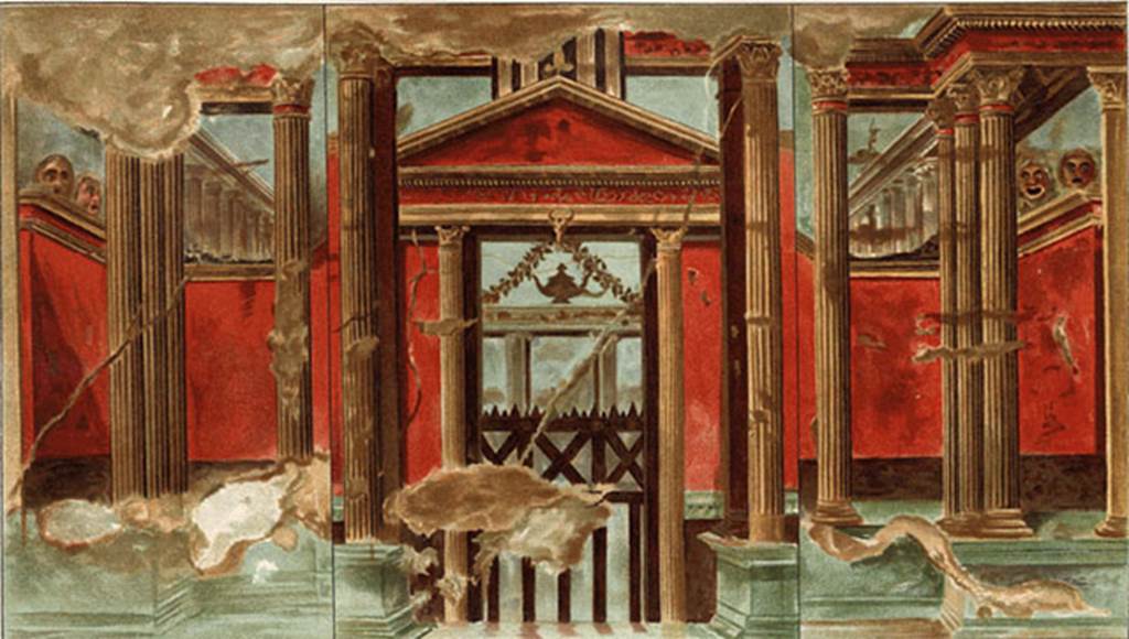 Villa of P Fannius Synistor at Boscoreale. 1903 painting of room G, summer triclinium, south wall. According to Sambon there were three pieces [29-31] forming a whole. Through a triple row of Corinthian columns, based on green pedestals is a red wall. This amounts to two-thirds of the height of the columns and is partially hiding a large courtyard circumscribed by gantry. On the cornice of each of the projecting ends of this wall are two tragic masks. At the centre of the wall opens a large door with stem pediment supported by two Corinthian columns. The pediment is decorated with a frieze of tritons, nereids and cupids painted white on purple. The door is closed by a grid in wood and adorned with greenery supported by a bucrane ( bulls head). Through the door is the sacred enclosure and in the distance, standing out against the sky, is the continuation of the exterior portico. On top of the cornice of this portico is a wide vase (plemochoe). Measurement of the three pieces: 5.015m X 3m. See Sambon A, 1903. Les Fresques de Boscoreale. Paris and Naples: Canessa. 29-31, p. 18, pl. 7.