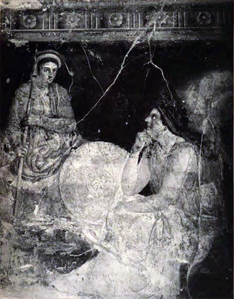 Villa of P Fannius Synistor at Boscoreale. 1900. Room H west wall, central panel. Two women were engaged in conversation. They are thought to be members of the Antigonid family (Antigonos Gonatas and Phila) or personifications of Syria and Macedonia. See Barnabei F., 1901. La villa pompeiana di P. Fannio Sinistore. Roma: Accademia dei Lincei. p. 59,Tav. VIII.
