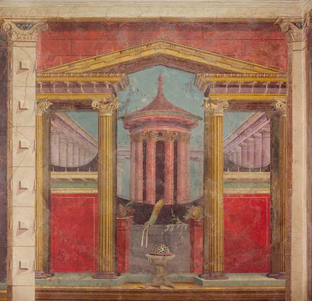 Villa of P Fannius Synistor at Boscoreale. Cubiculum M alcove, north end of the west wall. This temple and architectural colonnade scene are within the alcove at the north end of the cubiculum. The same scene is mirrored on the south wall of the alcove.