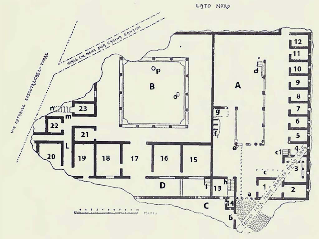 Boscotrecase, Villa Agrippa Postumus. 1922 plan of the villa, showing the area excavated.
See Notizie degli Scavi di Antichità, 1922, p 459 Fig. 1.
