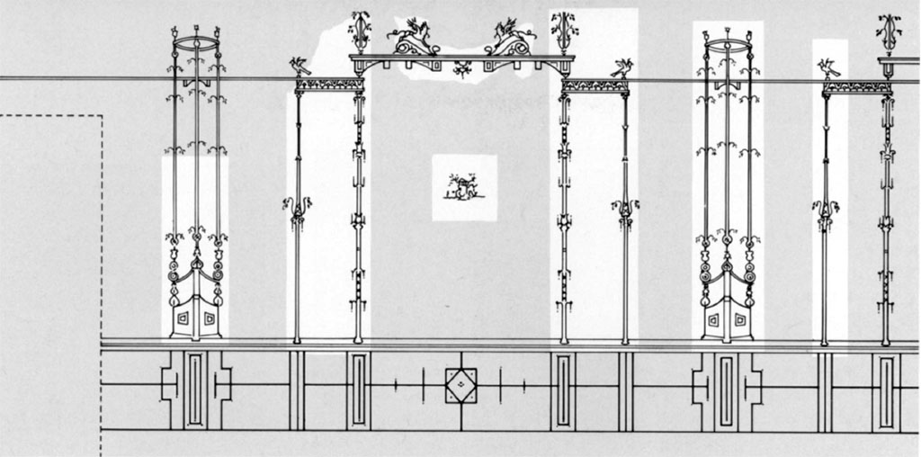 Villa of Agrippa Postumus, Boscotrecase. 1988. Room 15, drawing of west (left) wall of cubiculum.
The west wall of Bedroom 15, the Black Room, was on the left as one entered the room from the south. 
At the far left was a doorway connecting with Bedroom 16. 
The preference for delicate patterns rather than fixed points of interest in the painted scheme signals the new taste of the Third Style. 
See Anderson, M. L., 1988. The Imperial Villa at Boscotrecase in Metropolitan Museum Bulletin, 1988, p. 38-9.

