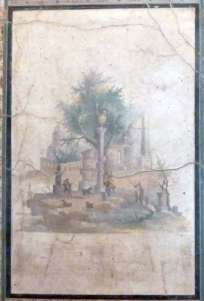 Villa Agrippa Postumus. Boscotrecase. Room 16, centre of north wall.
Painting of a sacred landscape with shepherds and goats near a circular shrine and votive column.
Now in Naples Archaeological Museum. Inventory number 147501.
