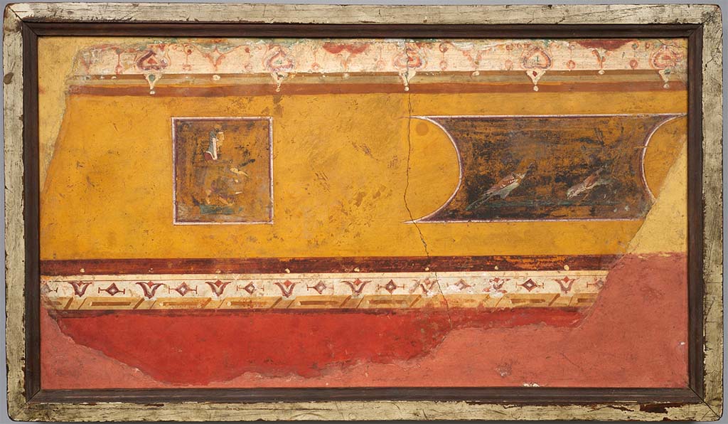 Villa of Agrippa Postumus Boscotrecase. Room 19, cubiculum. Upper part of a wall, with fresco with two birds.
Now in the Harvard Art Museums/Arthur M. Sackler Museum, Gift of Albert Gallatin. Inventory number 1921.37.
