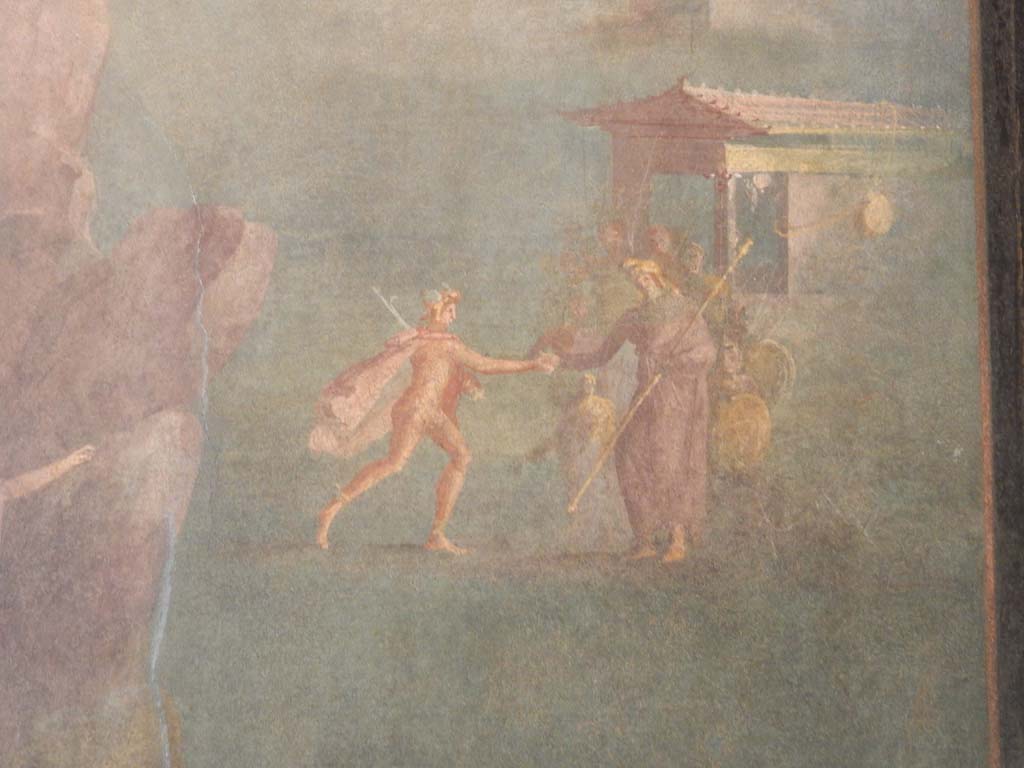 Villa of Agrippa Postumus, Boscotrecase. January 2018. Room 19, upper right part of fresco, with Perseus greeting Cepheus the father of Andromeda. 
Photograph taken at Metropolitan Museum New York. Photo courtesy of Buzz Ferebee. 
