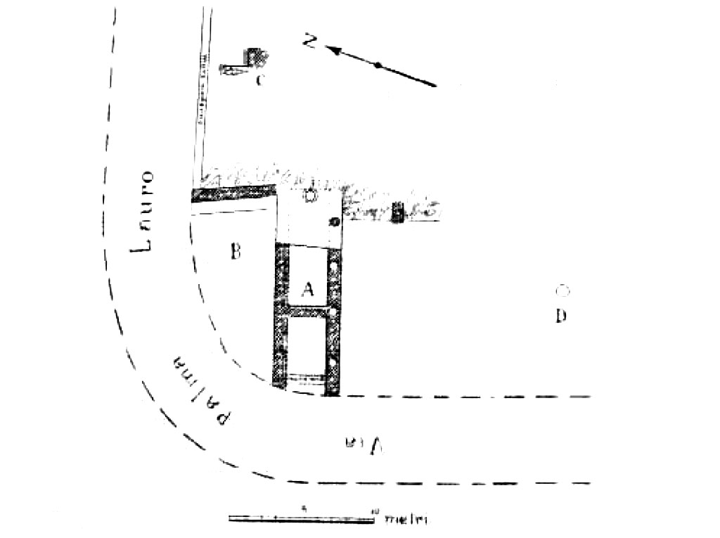 Domicella. Villa rustica romana. 1929 NdS plan of Villa rustica at Domicella, Nola.

A= Piscina. Pool.
B= Cella Vinaria. Wine cellar.
C= Further remains to the rear
D= Further piscina/pool remains to the south

See Notizie degli Scavi di Antichit, 1929, p.200, fig 1.

