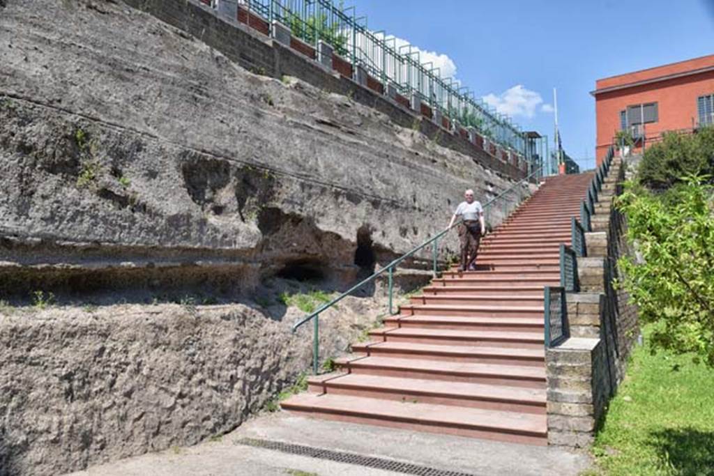 Oplontis Villa of Poppea, April 2018. Looking north up entrance steps, showing ash depth.
Photo courtesy of Ian Lycett-King. Use is subject to Creative Commons Attribution-NonCommercial License v.4 International.
