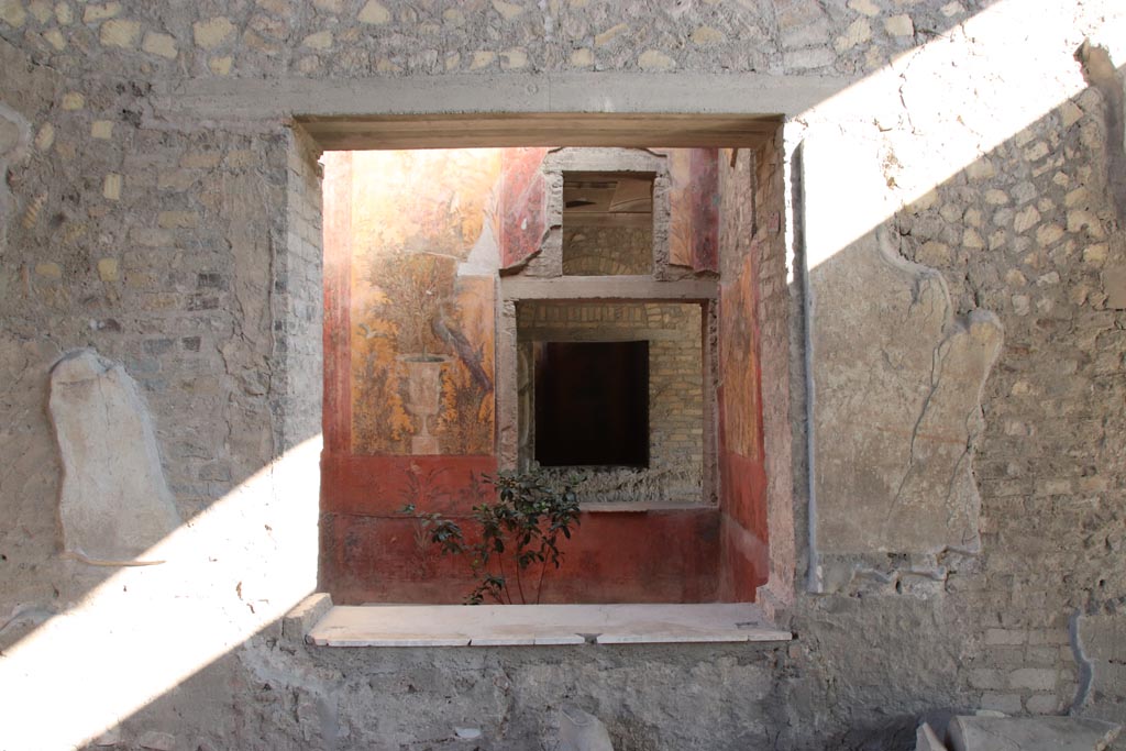 Oplontis Villa of Poppea, October 2022. 
Room 69, north wall with window into room 70, and through to window into room 73/74. Photo courtesy of Klaus Heese.
