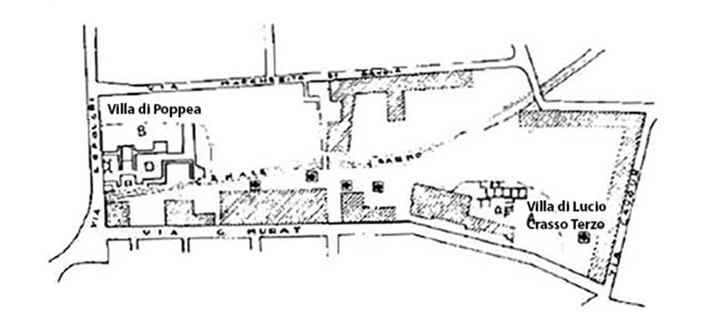 Villa rustica di Lucius Crassius Tertius. Plan showing location of villa and the Villa di Poppea.
See Malandrino C., 1981, Sylva Mala II, p. 4.

