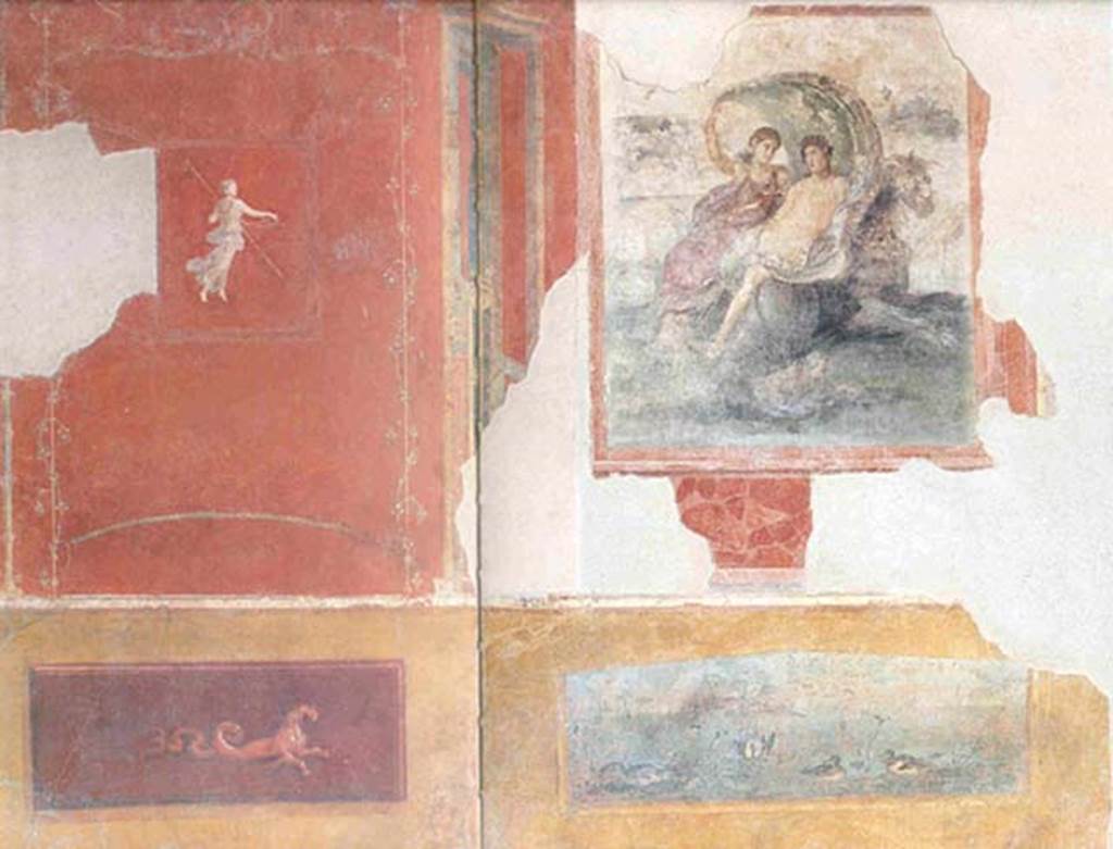 Gragnano, Villa rustica in Località Carmiano, Villa A. Triclinium 1. 
East wall, with fresco of Bacchus and Ceres.
Photo courtesy of Mentnafunangann - Own work. Licensed under CC BY-SA 3.0, via Wikimedia Commons.
