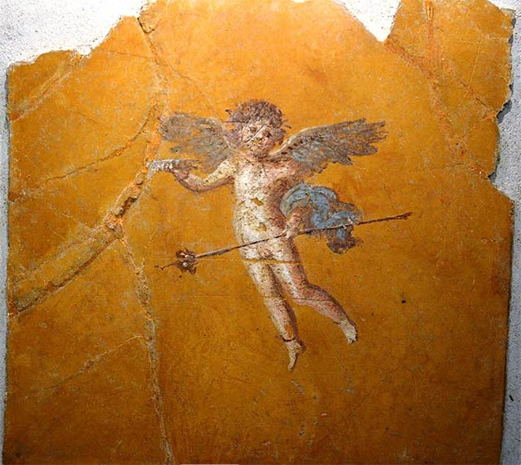 Gragnano, Villa rustica in Località Carmiano, Villa A. Room 9. 
Detail of flying cupid, holding thyrsus and patera.
