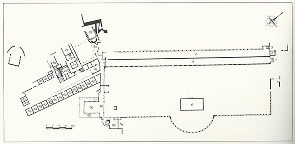 Stabiae, Villa del Pastore. General plan of the villa, 2004.
The villa is a vast complex of some 19,000 square metres, a joining of two architectural nuclei on two different axes, one east to west and the other north-east to south-west.
See Sodo A. M., 2004. In Stabiano: Exploring the Ancient Seaside Villas of the Roman Elite. Castellammare: Nicola Longobardi, pp. 63-4.
According to Jashemski, 
This villa was explored by means of tunnels in the 18th century and a portion of the villa (based on Weber’s plan) began excavation in 1964. 
A large courtyard or palaestra (143m by 39m), with a semi-circular exedra was on the south side. 
On the north side was a cryptoporticus with 32 windows, with a portico above, parallel to the ridge of Varano.
This villa is today covered by modern construction.
The complex of rooms to the west on a different axis (and known only from La Vega’s plan) indicates that two villas had been joined. 
The great size of the complex, which includes many cubicula, a caupona, bath complex and large latrine, suggests that the complex in its last period was not so much a private villa as a hospitium or valetudinarium. 
See Jashemski, W. F., 1993. The Gardens of Pompeii, Volume II: Appendices. New York: Caratzas, p.311-2.
