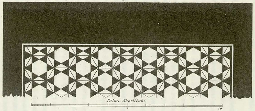 Stabia, Secondo Complesso, Villa Arianna B. Room 11, design of mosaic floor according to design by Ruggiero/La Vega. 
See Ruggiero M., 1881. Degli scavi di Stabia dal 1749 al 1782, Naples, Tav. VI,4a.
According to Miniero, -
al no.4 il pavimento a esagoni contenenti stelle a sei punte dall’ambiente (11);
(No.4 the hexagonal floor containing six-pointed stars from the room (11).
See Miniero, P., 2013. Ville scavate nel Settecento nel territorio di Stabiae. (p.6).
Pisapia describes and numbers this mosaic as no. 106.

