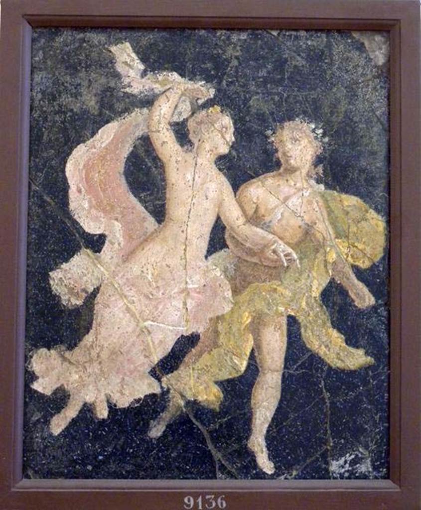 Stabiae, Villa Arianna, found 5th September 1761. Atrium, wall painting of flying couple.
Now in Naples Archaeological Museum. Inventory number 9136. 
See Sampaolo V. and Bragantini I., Eds, 2009. La Pittura Pompeiana. Electa: Verona, p. 443.
