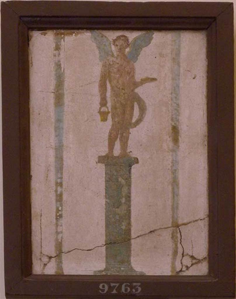 Stabiae, Villa Arianna, found 16th July 1759. Room W.24. 
Wall painting of nude Eros standing on a pillar holding a patera (dish) and cestino (basket).
Now in Naples Archaeological Museum. Inventory number 9763.
See Sampaolo V. and Bragantini I., Eds, 2009. La Pittura Pompeiana. Electa: Verona, p. 486.
See Pagano, M. and Prisciandaro, R., 2006. Studio sulle provenienze degli oggetti rinvenuti negli scavi borbonici del regno di Napoli.  Naples: Nicola Longobardi, p. 243. 
