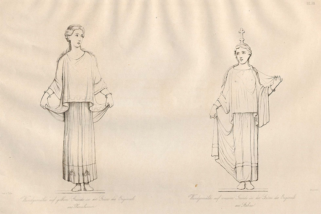 Stabiae, Villa Arianna, Room W.24. 
The figure on the right, according to Zahn drawn in the Naples Museum, was from Villa Arianna, room W.24 on a white background, found 16th July 1759.
Now in Naples Archaeological Museum, inventory number 8910.
The woman on the left is a drawing by Zahn of a woman from Room W.28, although he lists it as from Herculaneum.
See Zahn, W., 1828-29. Die schönsten Ornamente und merkwürdigsten Gemälde aus Pompeji, Herkulanum und Stabiae: I. Berlin: Reimer, taf. LXXVIII (no.78).
