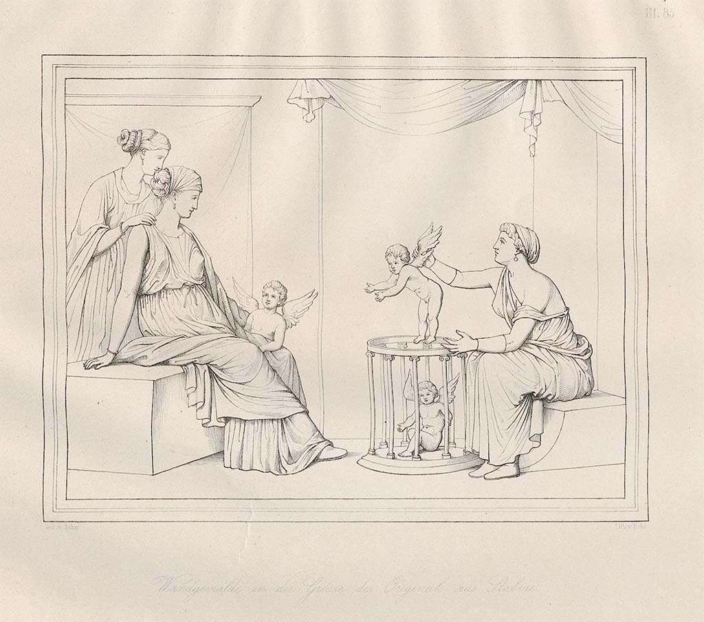 Stabiae, Villa Arianna. Room W.25. June 1759. Drawing of the “Cupid Seller” by Zahn made in Royal Museum at Naples, pre-December 1858.  
See Zahn, W., 1852-59. Die schönsten Ornamente und merkwürdigsten Gemälde aus Pompeji, Herkulanum und Stabiae: III. Berlin: Reimer, taf. LXXXV, (85).
