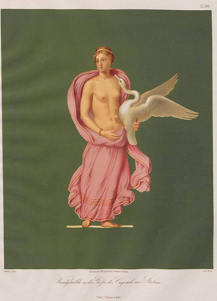 Stabiae, Villa Arianna, found 25th July 1759. Room W.26, wall painting of Leda and the swan.
Now in Naples Archaeological Museum. Inventory number 9546. 
Painting by Zahn, pre-December 1858, described as pendant to Flora.
See Zahn, W., 1852-59. Die schönsten Ornamente und merkwürdigsten Gemälde aus Pompeji, Herkulanum und Stabiae: III. Berlin: Reimer, taf. 86.