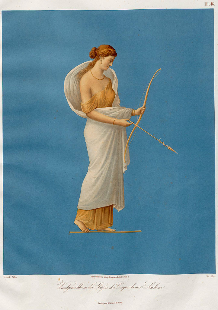 Stabiae, Villa Arianna, found August 1759. Room W.26, wall painting of Diana (or Penelope) with a bow and arrow.
Now in Naples Archaeological Museum. Inventory number 9243.
Painting by Zahn, pre-October 1852.
See Zahn, W., 1852-59. Die schönsten Ornamente und merkwürdigsten Gemälde aus Pompeji, Herkulanum und Stabiae: III. Berlin: Reimer, taf. 46.
