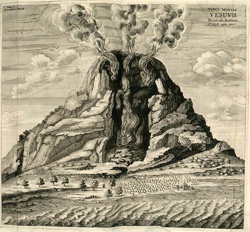 Vesuvius Eruption 1638 as seen by Athanasius Kircher. From Kircher A., 1664. Mundus Subterraneus.
