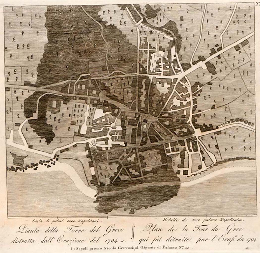 Vesuvius eruption 1794. Plan of Torre del Greco destroyed in the eruption.
See Della Torre, Nicola Filomarino, 1805. Raccolta di tutte le vedute che esistevano nel gabinetto del Duca Della Torre rappresentanti l'eruzioni del Monte Vesuvio fin oggi accadute. Napoli: Nicola Gervasi, Tav. XX.
See book on E-RARA
